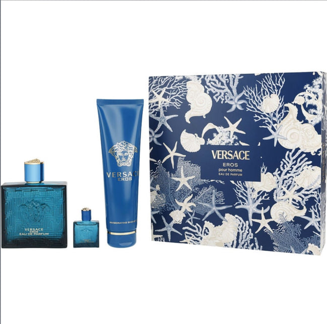 Versace Eros Eau De Parfum Spray 3.4 oz & Shower Gel 5 oz & Eau De Parfum 0.17 oz Mini