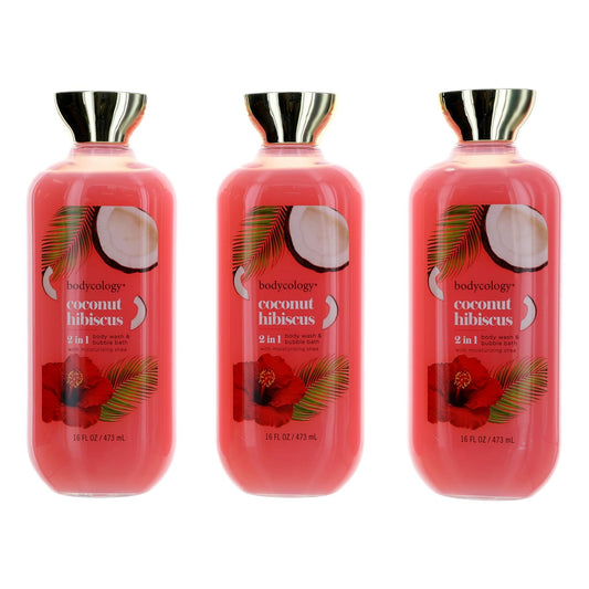 Coconut Hibiscus by Bodycology, 3 Pack 16 oz 2 in 1 Body Wash & Bubble Bath for Women