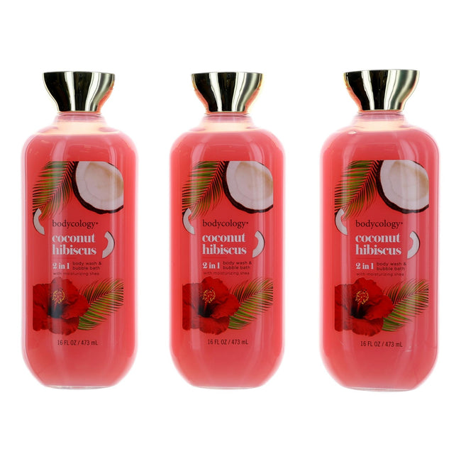 Coconut Hibiscus by Bodycology, 3 Pack 16 oz 2 in 1 Body Wash & Bubble Bath for Women