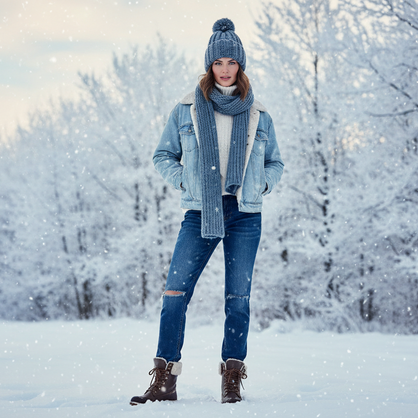 JEAN AND DENIM WOMEN MODELING WINTER SCENE