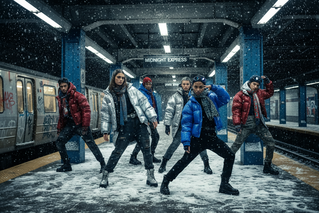 MEN AND WOMEN MODELING IN SNOW IN METRO AREA WITH SUBWAY BACKGROUND