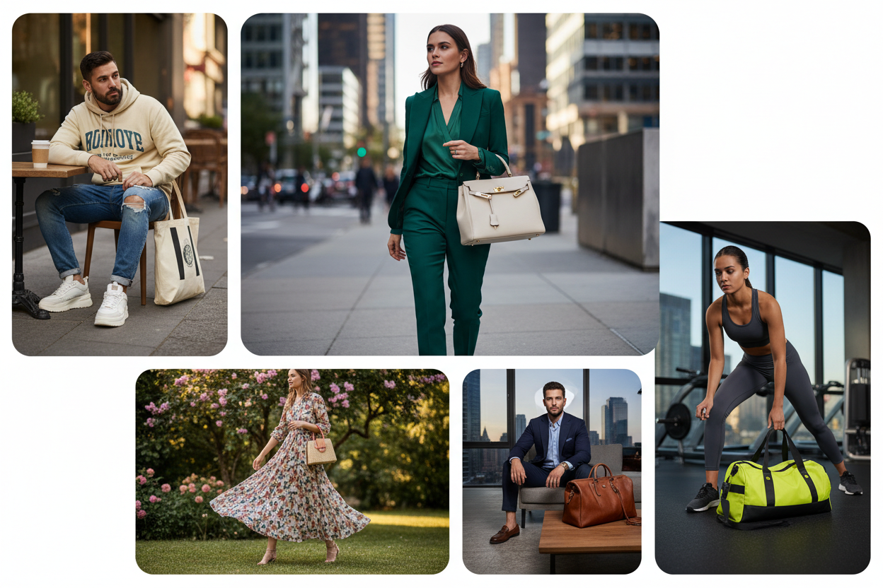 Women amd men modeling clothing shoes and hanbags in different scenarios