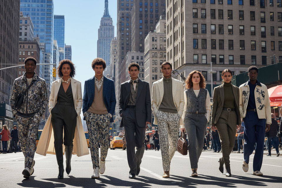 WOMEN AND MEN MODELING CLOTHING IN A CITY WITH BUILDINS BACKGROUND NEW YORK